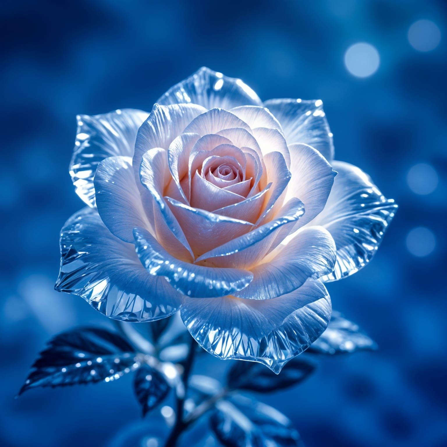 close-up photograph of a rose crafted entirely from clear crystal ice  by @MiTh93
