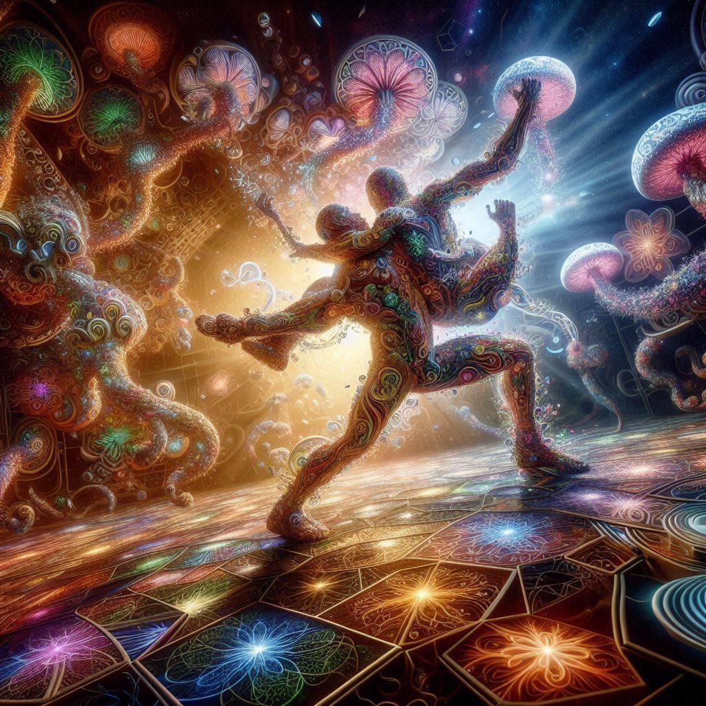 Crazy Mushrooms Wrestling, surrounded by a Labyrinth of ligh...