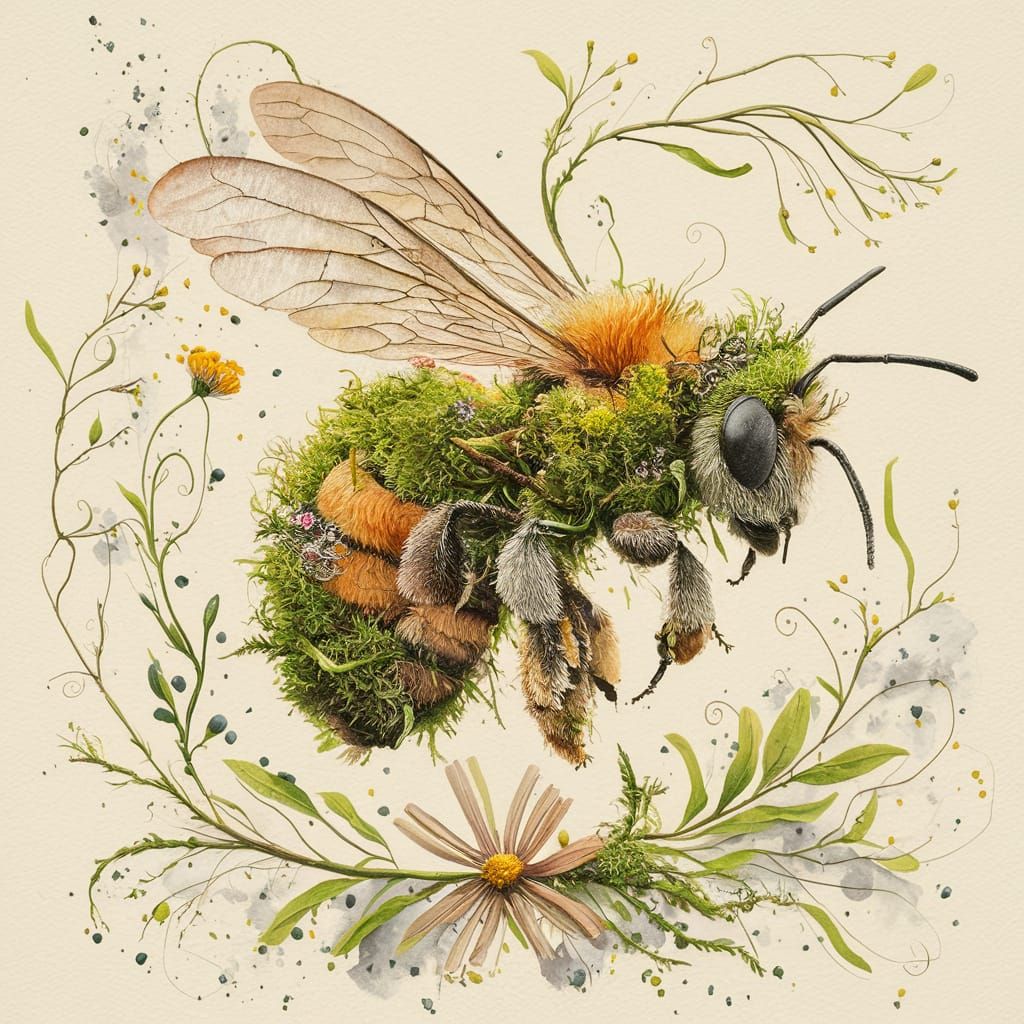 bee crafted from moss  by @BethM-L