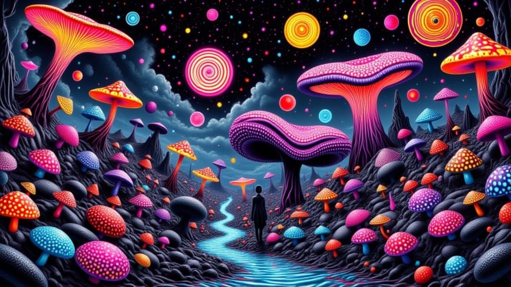 A psychedelic mushroom collage bursting with vibrant, hallucinatory fungi. The composition is a dense, immersive fungal landscape with mushr...