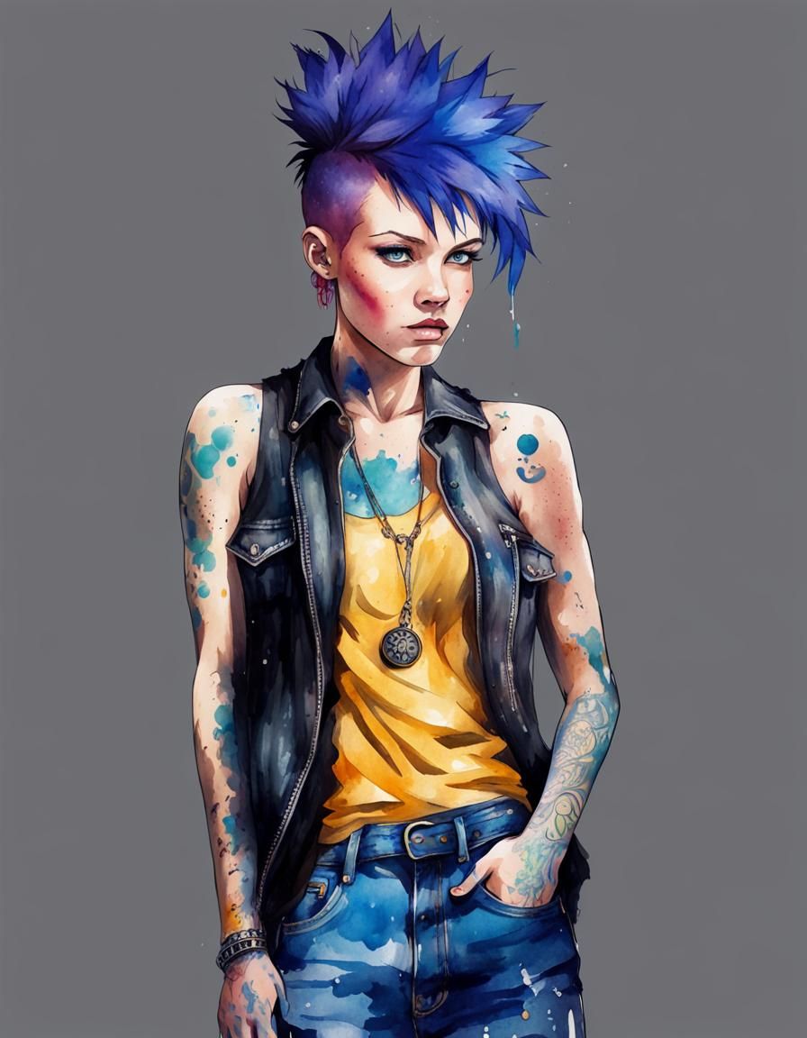 portrait blurple hair girl tattoos mohawk fauxhawk watercolo...