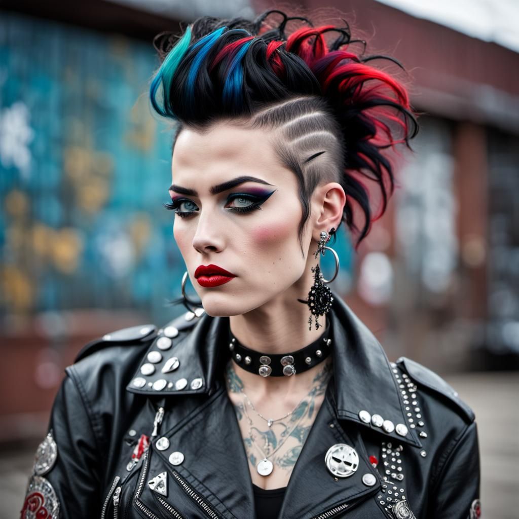 pretty punk girl, defiant and rebellious expression, face with thick ...