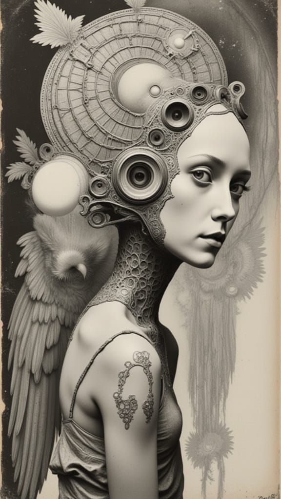 surrealist photocollage of an angel's giant...