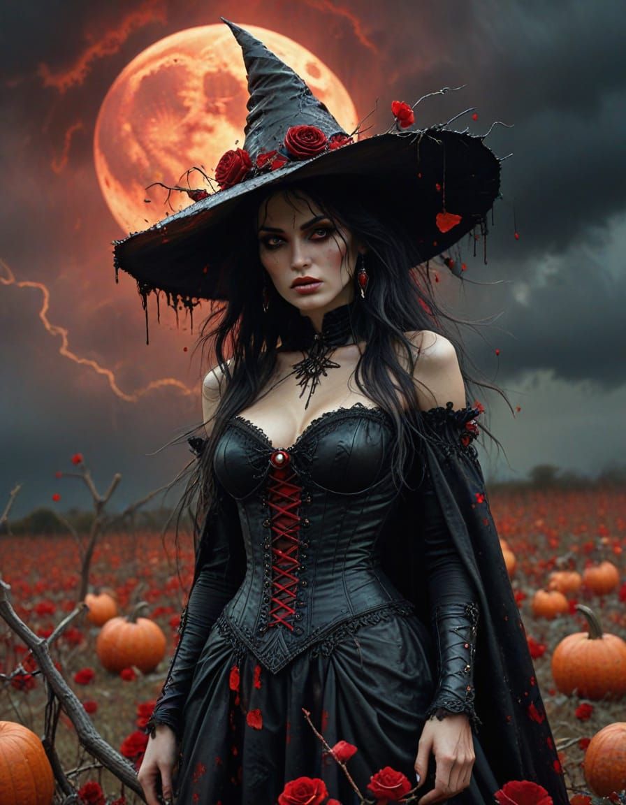 A melancholic witch among a field of roses and pumpkins ! 