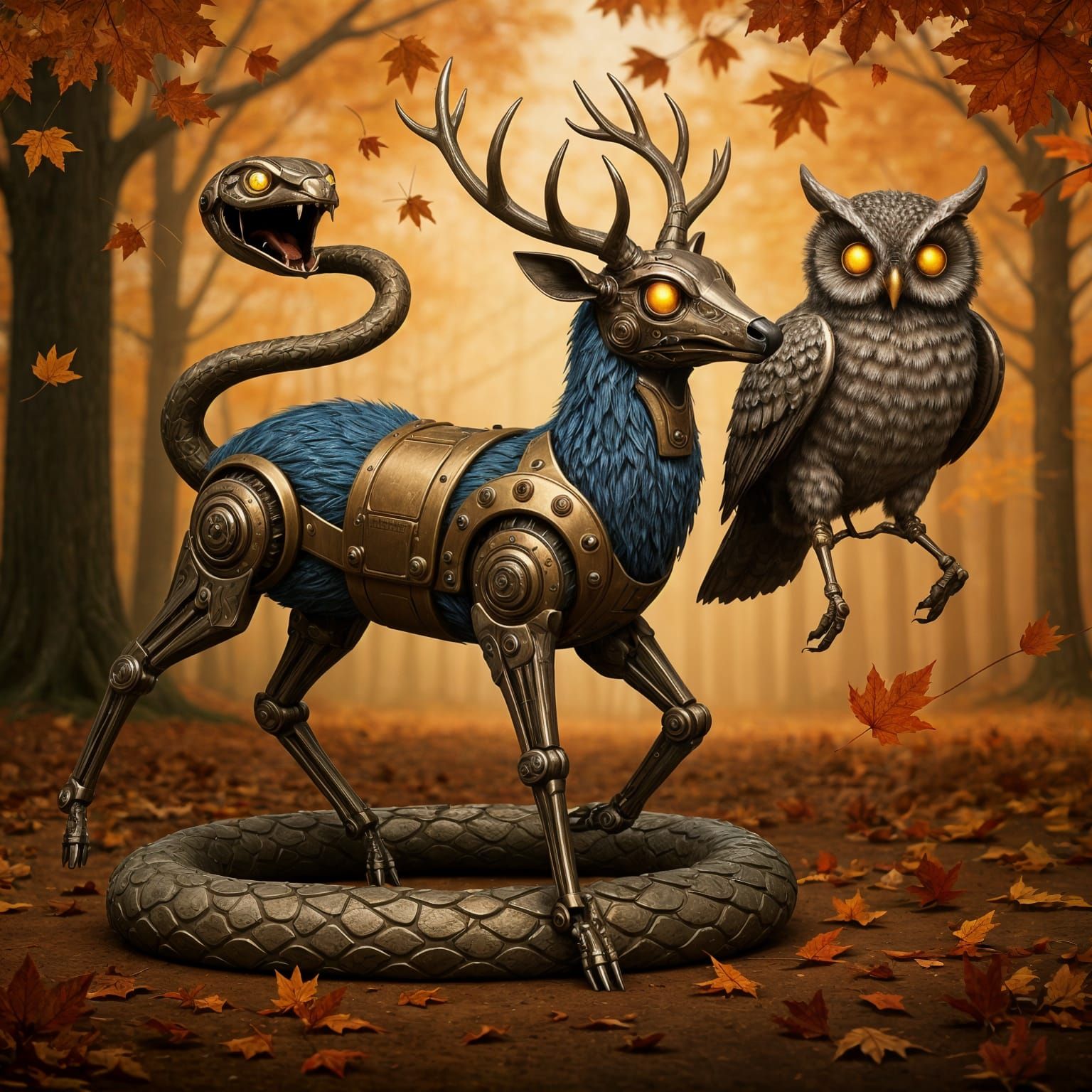 Cute steampunk-inspired robotic animals playing in autumn leaves