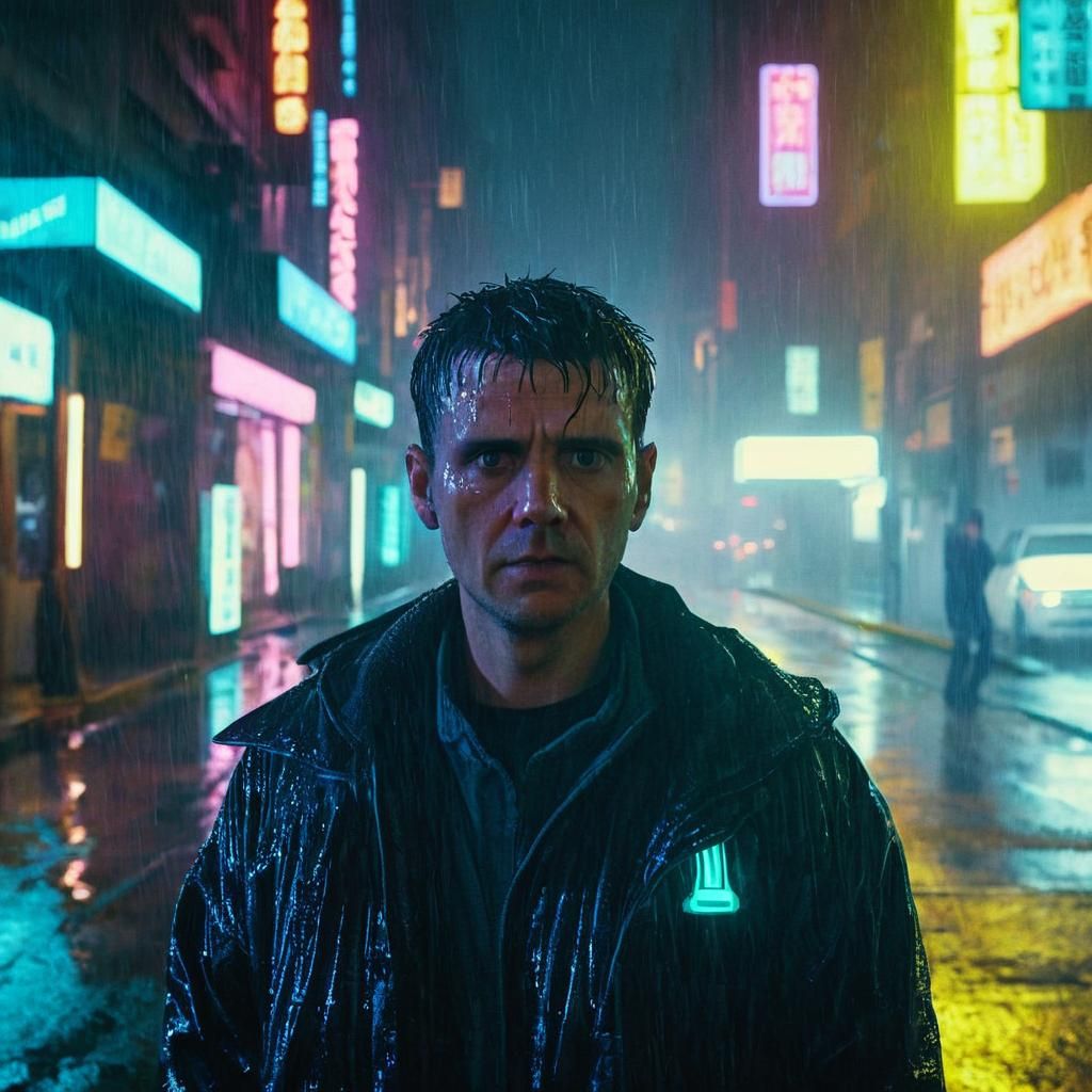 Medium shot of <Subject> as a cyberpunk sci-fi protagonist in a cyberpunk city on a rainy night. Cinematic film still, shot on v-raptor XL,...