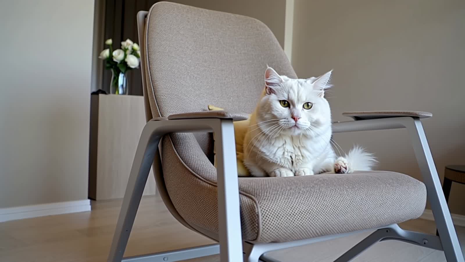 a beautiful rocking chair with a modern style with a cat that is white and fluffy sitting on it