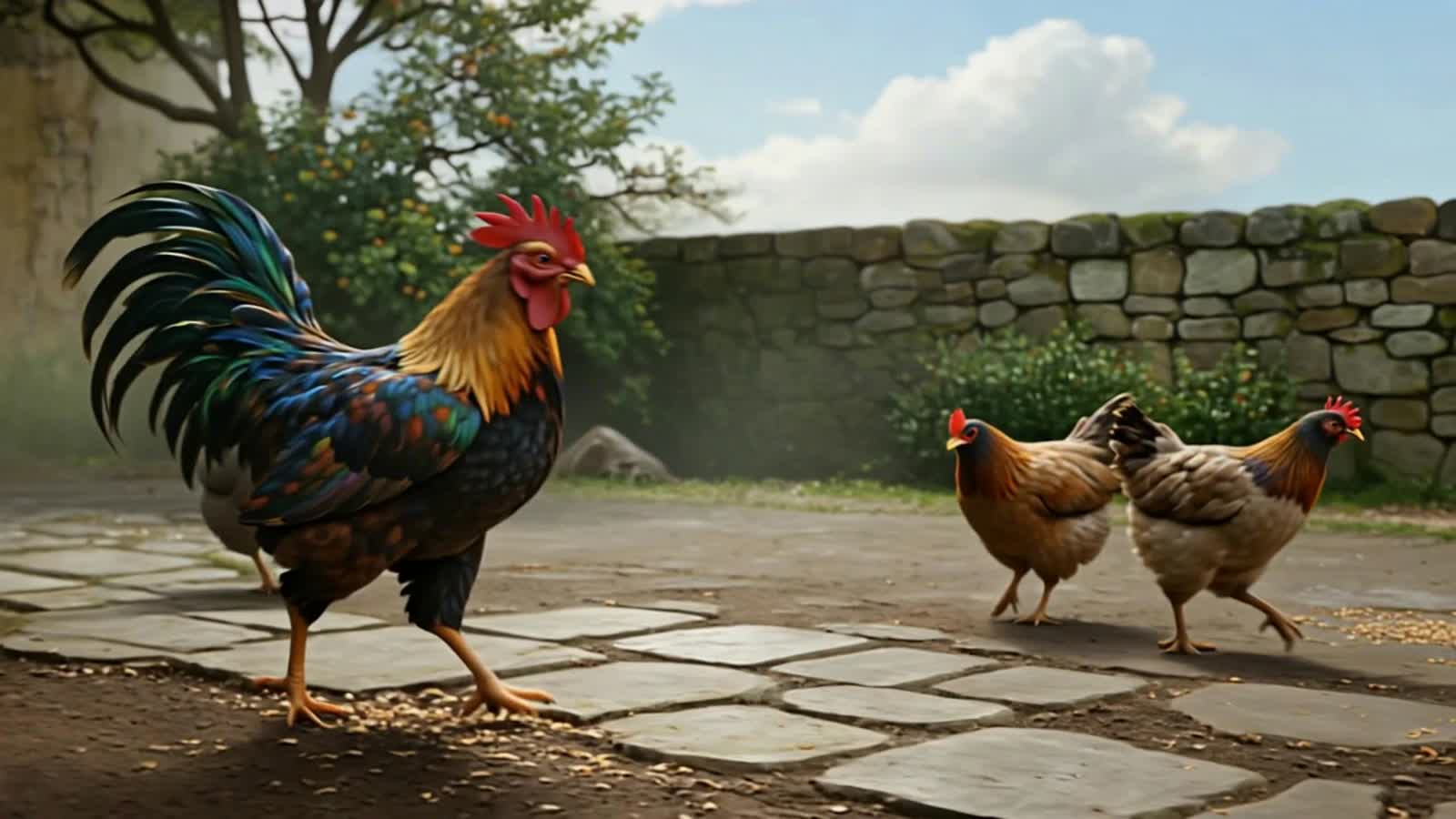 The rooster is strutting himself very proudly in front of the hens trying to impress them.