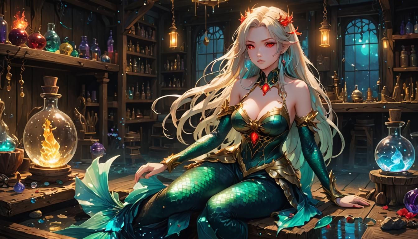 Sad Anime Mermaid Alchemist in Underwater Shop
