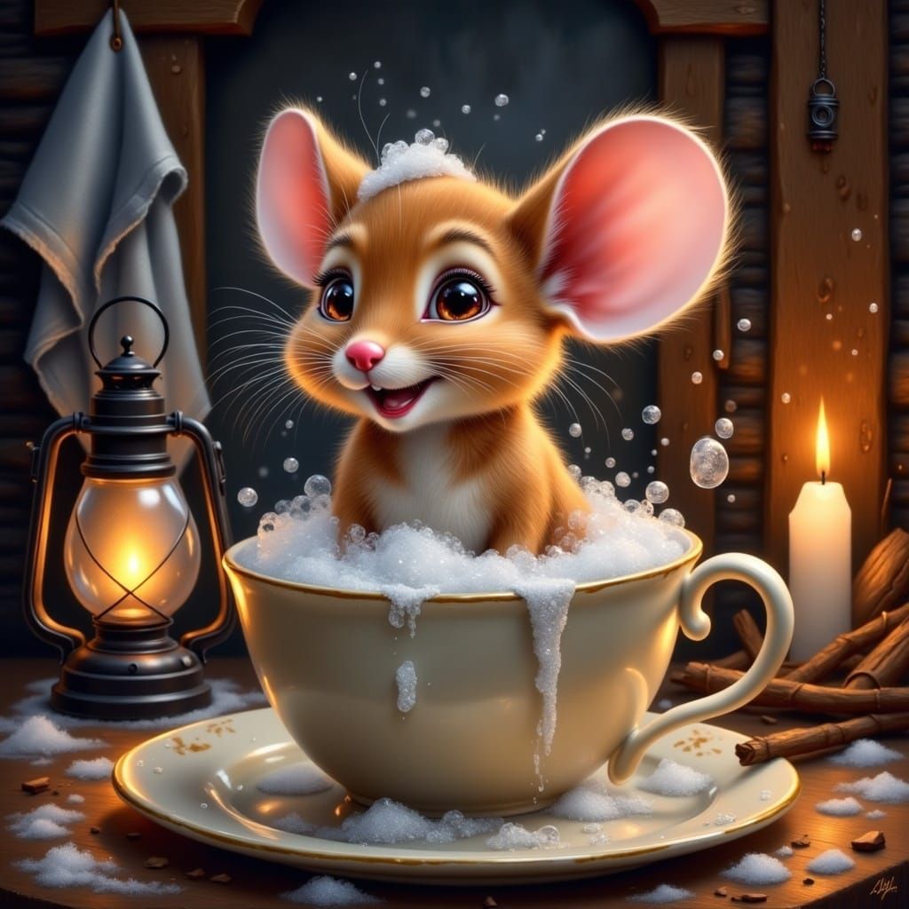 <lora:Simply Beautiful2:1.0> Digital illustration, Realistic with a touch of fantasy,
happy mouse with showercap and  laughing, Sitting in a...
