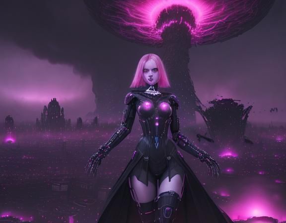 A lonely cybernetic female figure wearing black gothic dress...