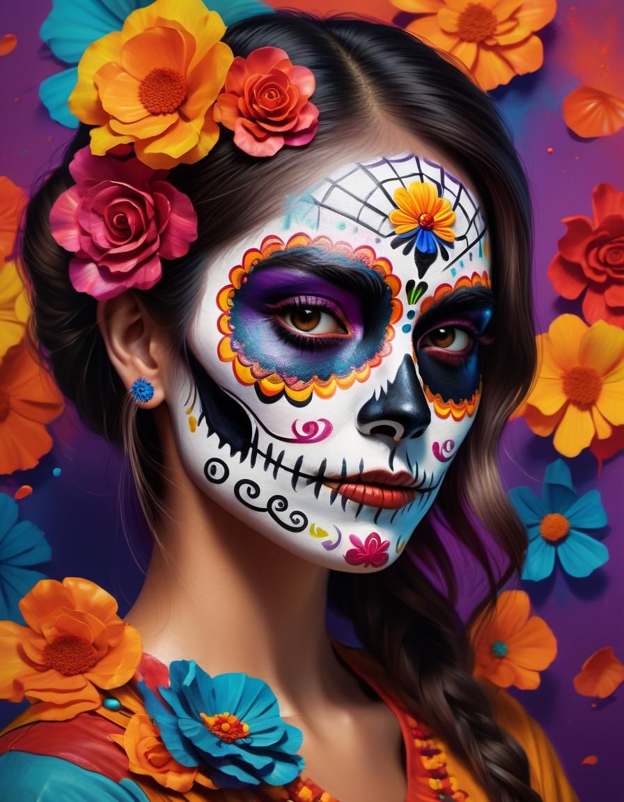 Medium shot of a beautiful woman wearing colorful Día de los...