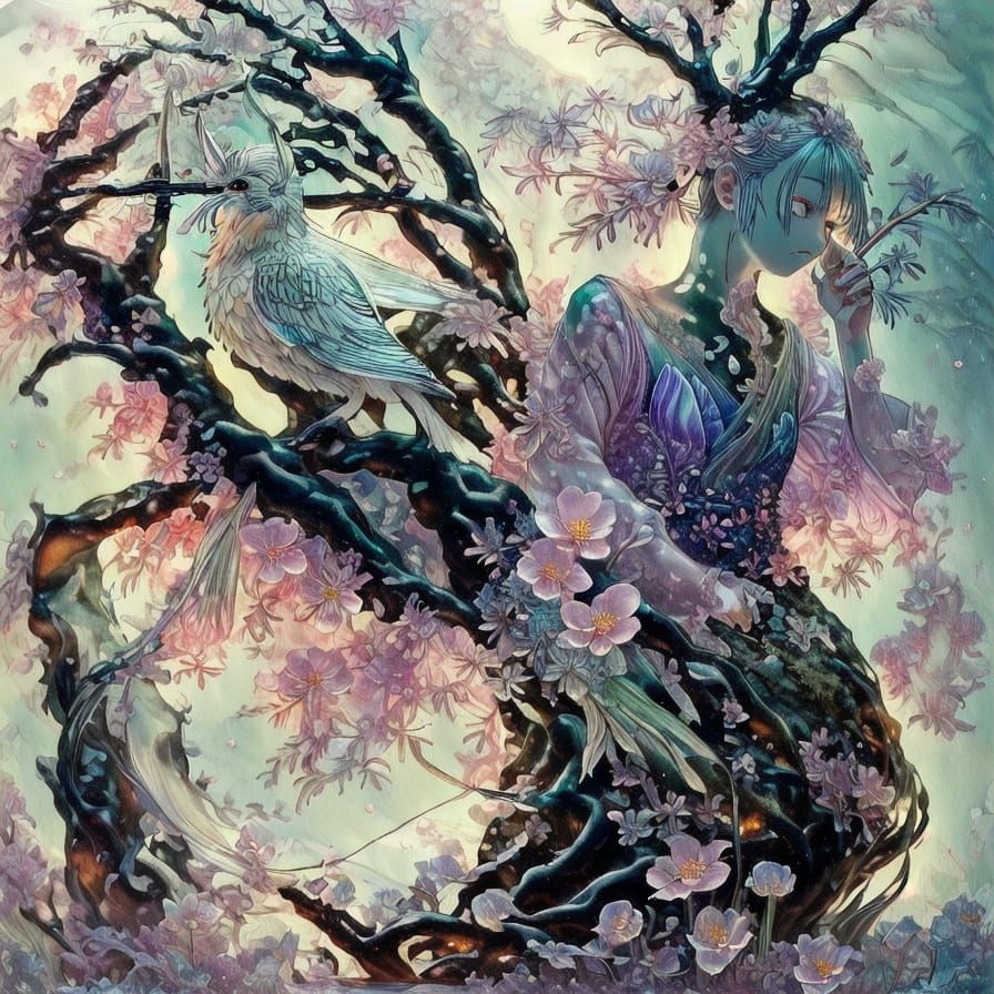 ikebana arrangement with tulip and bamboo 