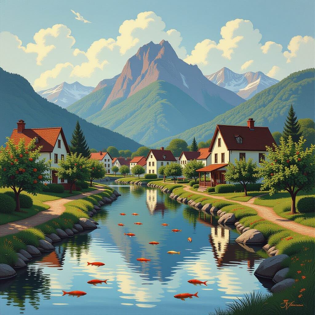 Mountain Village in Realistic Style