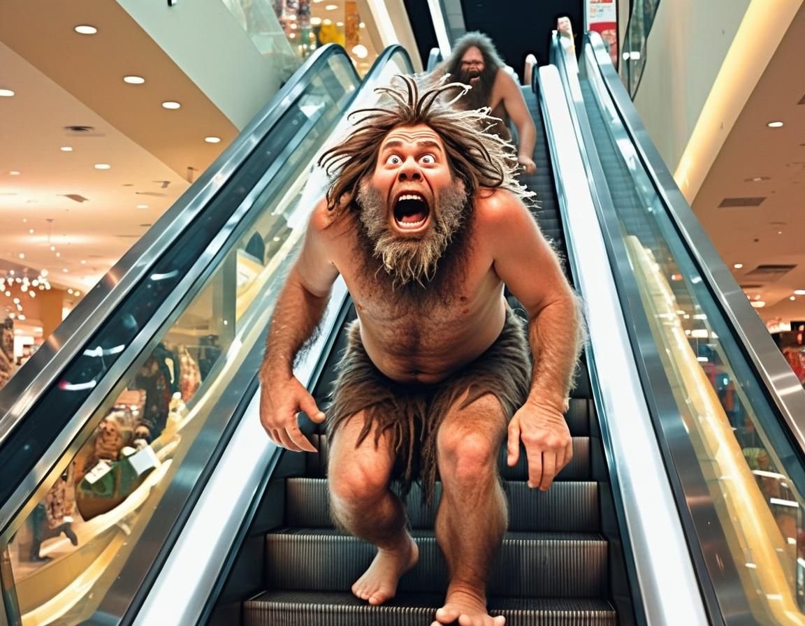 Whimsical acrylic art. A primitive hairy surprised cave man ...