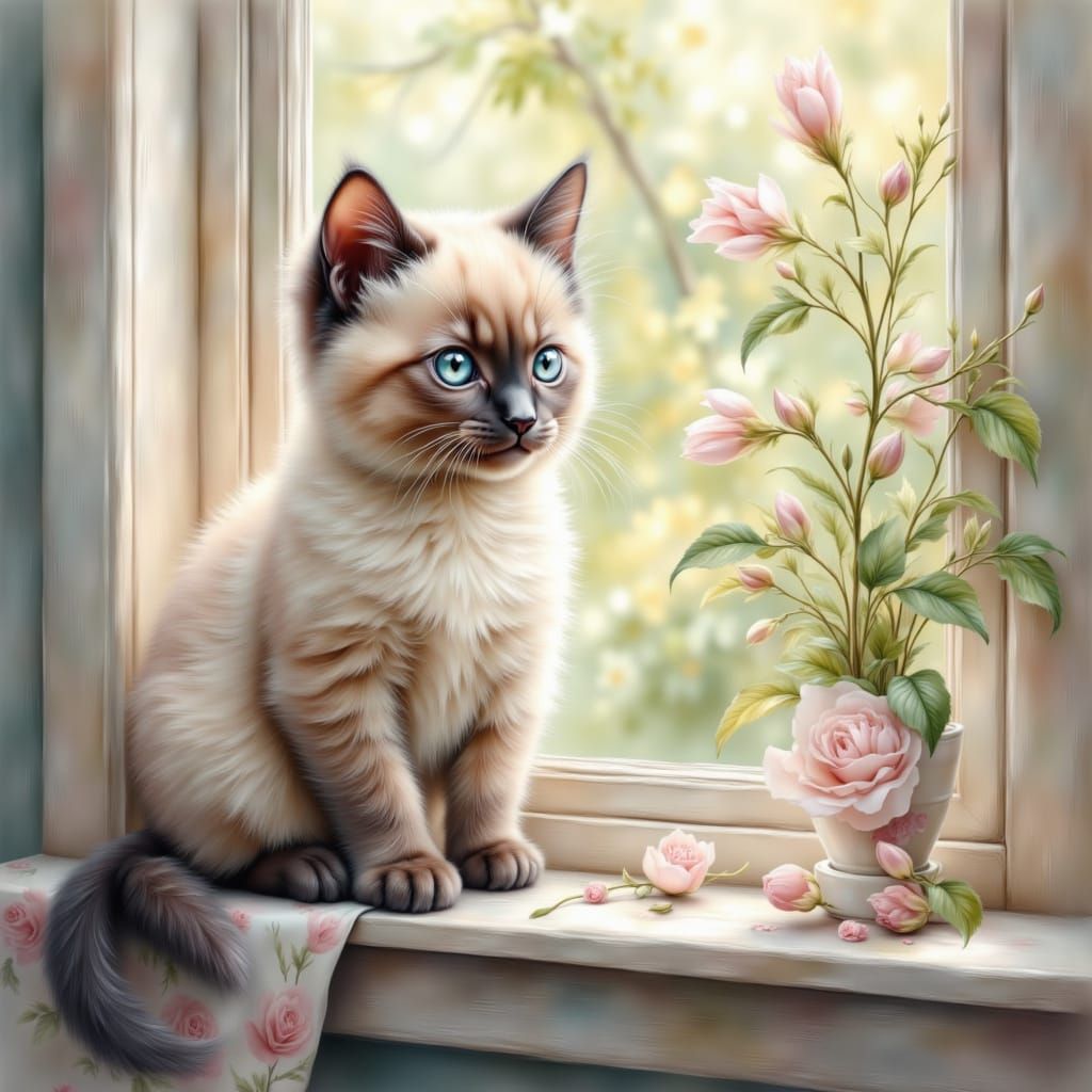 <lora:Unique Ink:1.0> cute adorable happy fluffy Siamese kitten on a beautiful country window sill