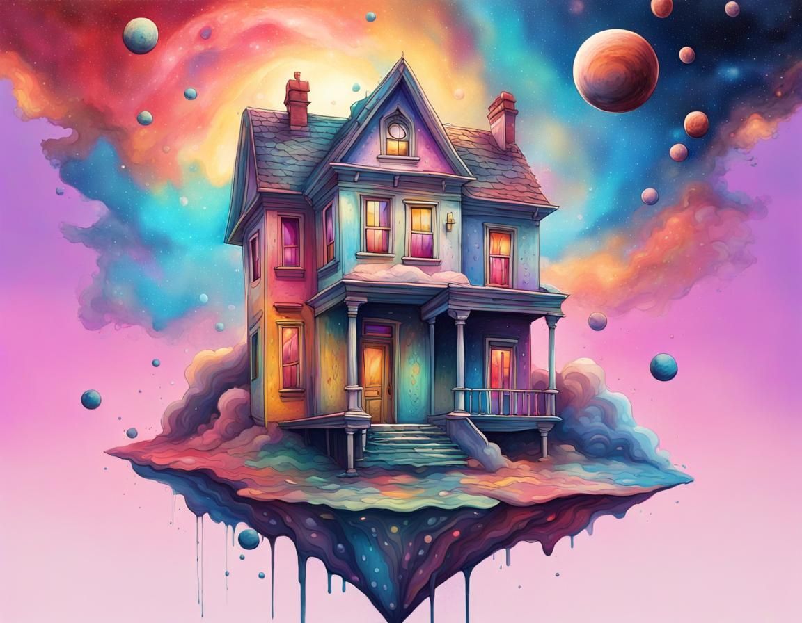 a house in the middle of galaxy, universe fulfilling the building ...