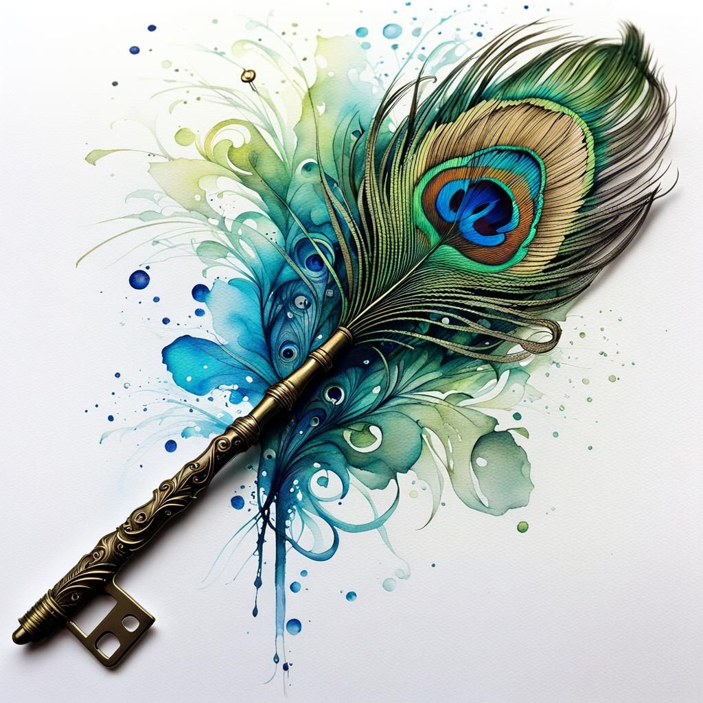 key with peacock feather ornate  by @Runaway Psychologist