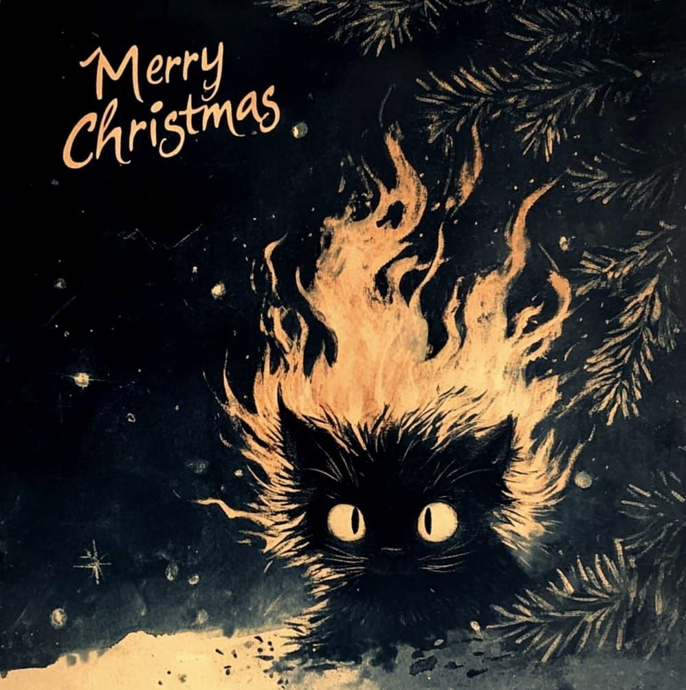 Eerie Cat With Flaming Hair Celebrates Christmas