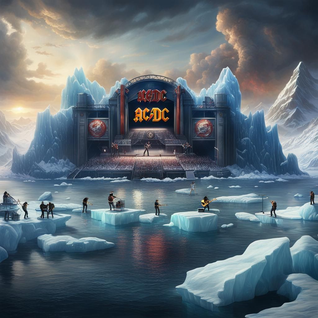 Hard rock band AC/DC playing live on an iceberg in 1984. - AI Generated ...