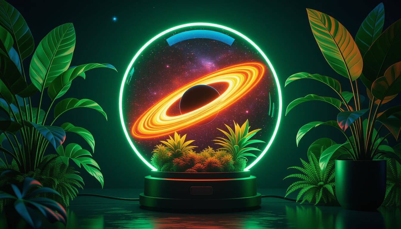 Neon green Vintage lamp that captivating inside it ,A  neon orang mini  universe with multiple plants ...  by @Basel