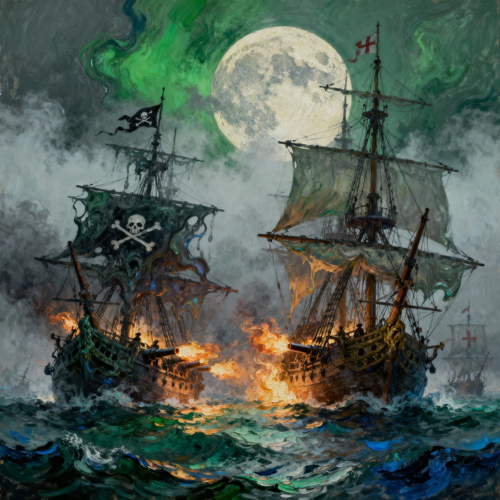 A epic naval battle between an enigmatic pirate ship and a medieval English ship with fire and canons. ...  by @Marv