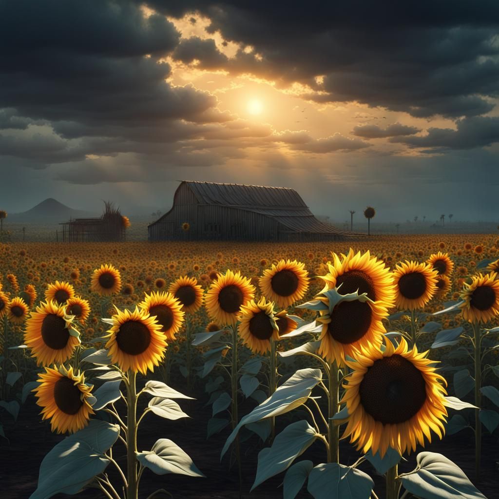 a humongous, tall sunflower field on a farm in Mexico on a windy night ...