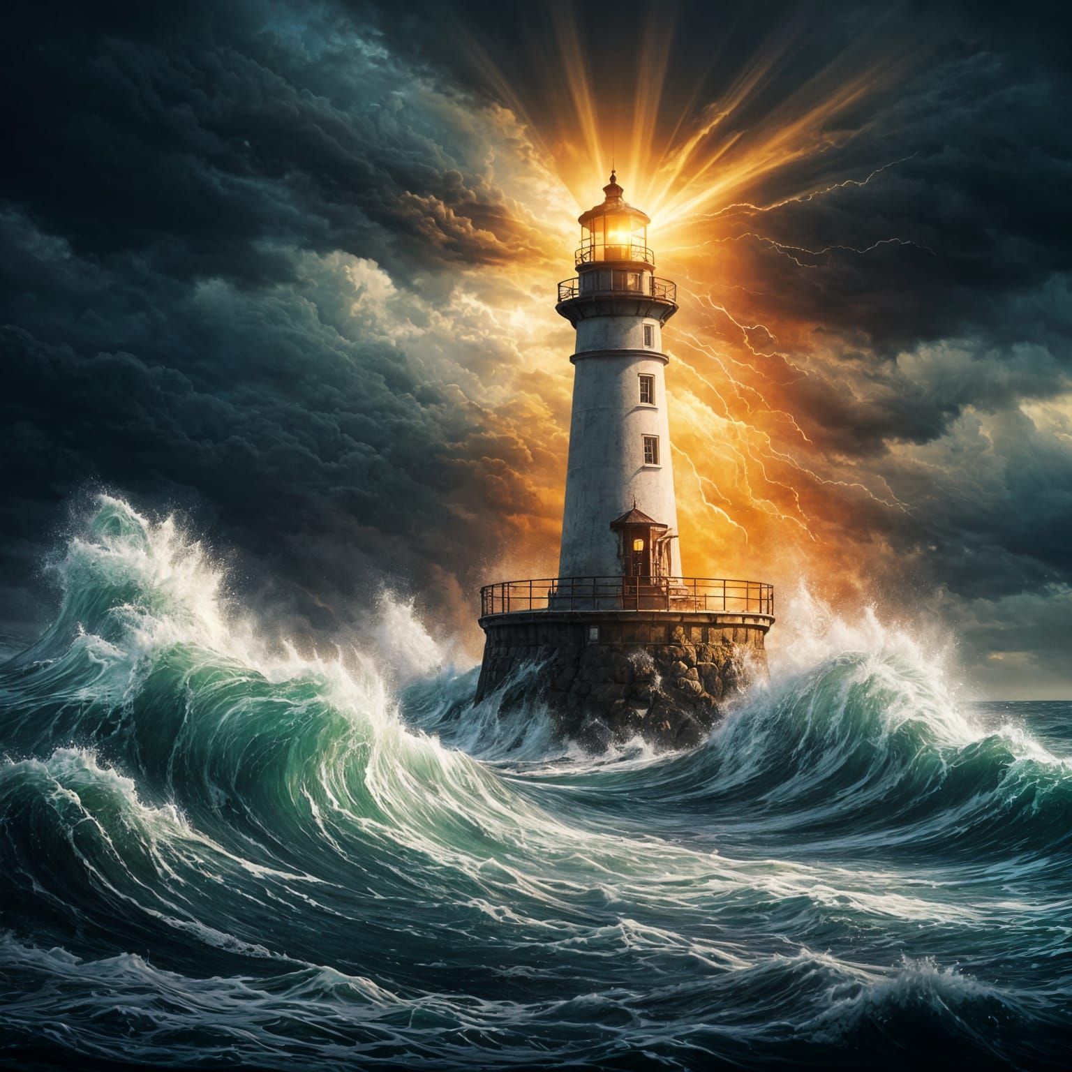 Lighthouse beams bright,over a stormy sea.  by @undefined
