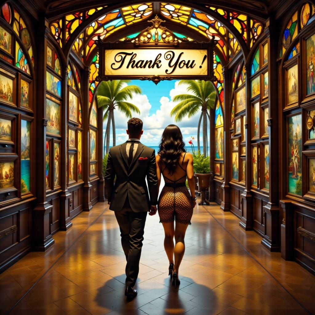 3d Stained glass Captivating Curvy Gorgeous Polynesian Couple in a 3 piece suit walking thru an Parisian art gallery holding a sign that has...