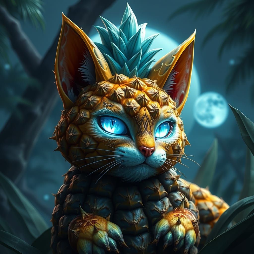 A pineapple in the shape of a cat, the cat's eyes are a magical light blue color.  by @rachel