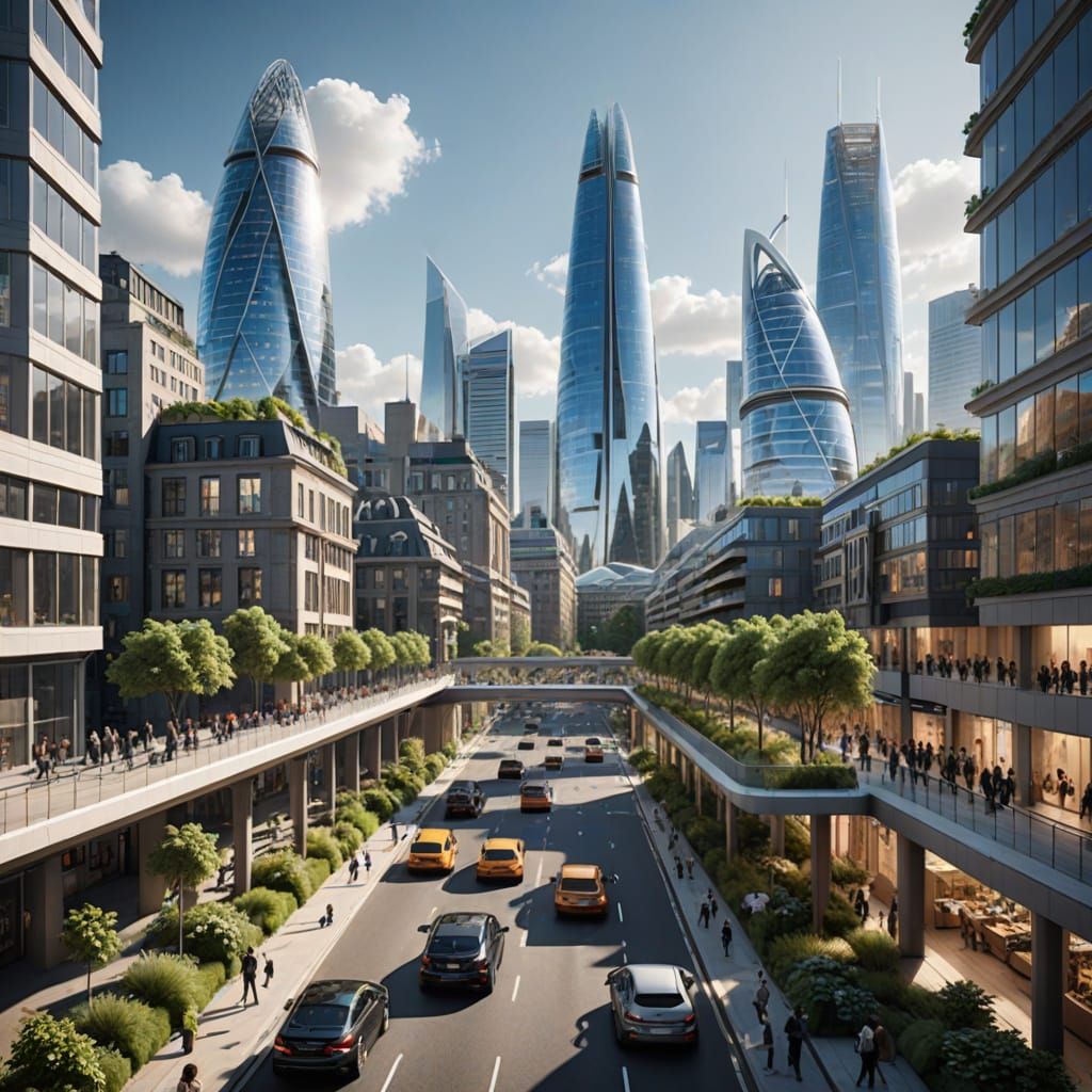 Seedream 4.0, photorealistic. Wide shot. A bustling street scene in London in the year 2100. Sleek, autonomous vehicles glide past towering,...