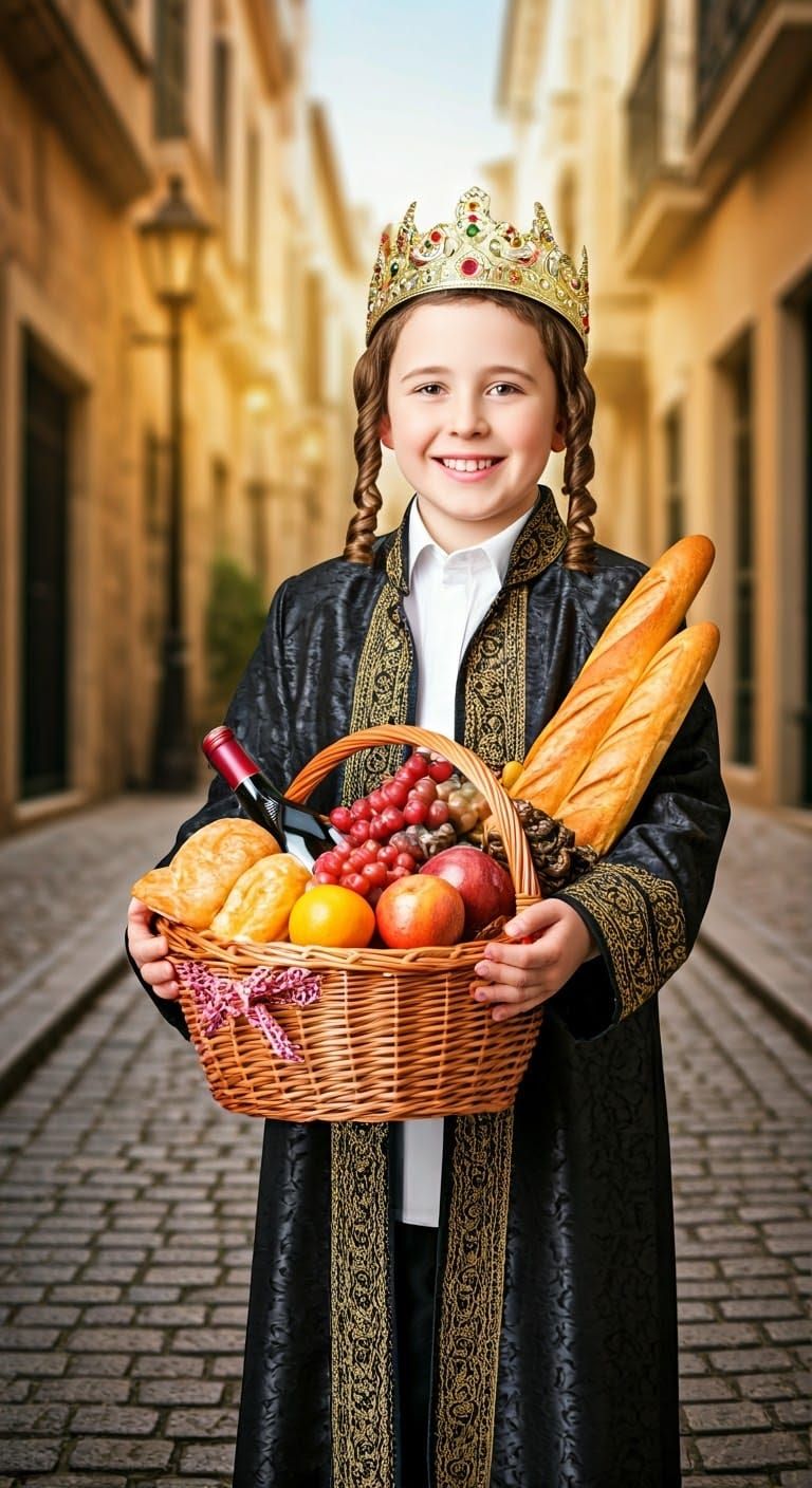 Traditional Youth Delivers Gift Basket in Dutch Masters Styl...