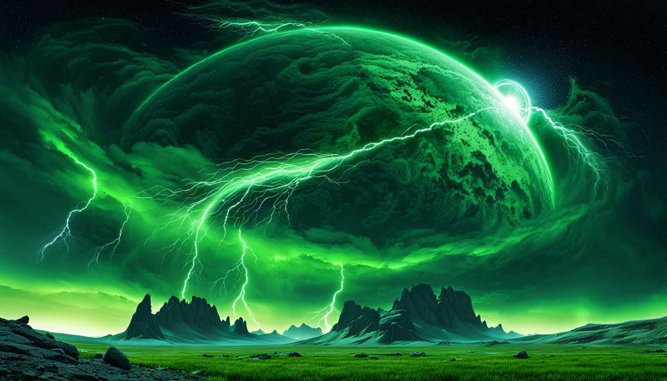 alien planet with green arua borealis two moons shooting sta...