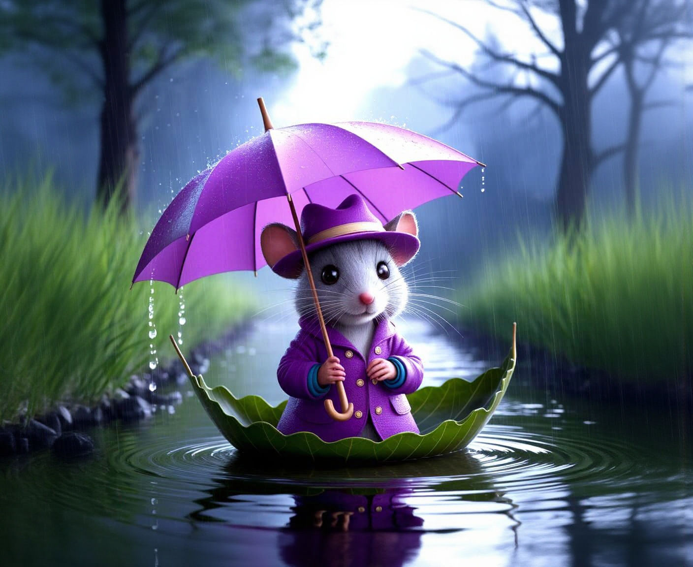 Mouse in a raincoat and hat...in a rainstorm, with an umbrella, floating on a leaf boat, on a stream. 