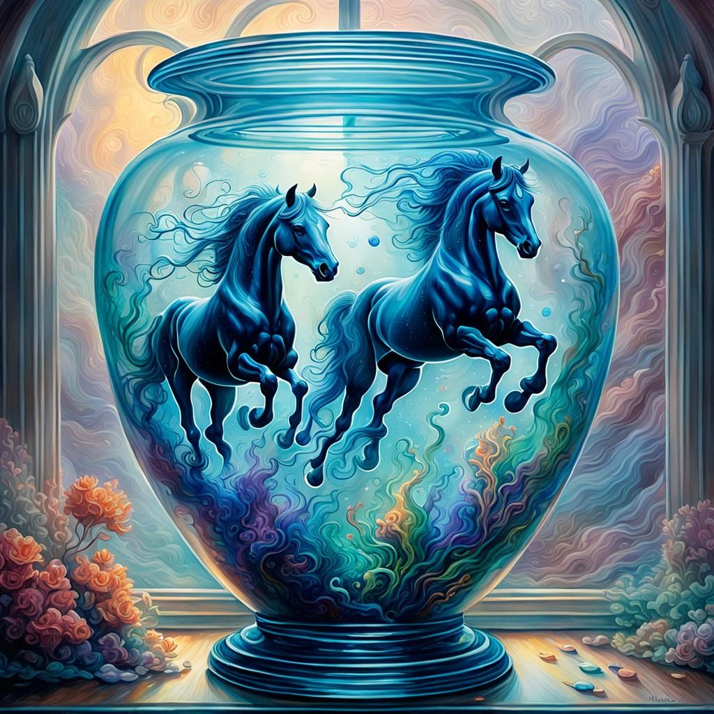 Ethereal Horses Swim in Glass Vase, Art Nouveau Style