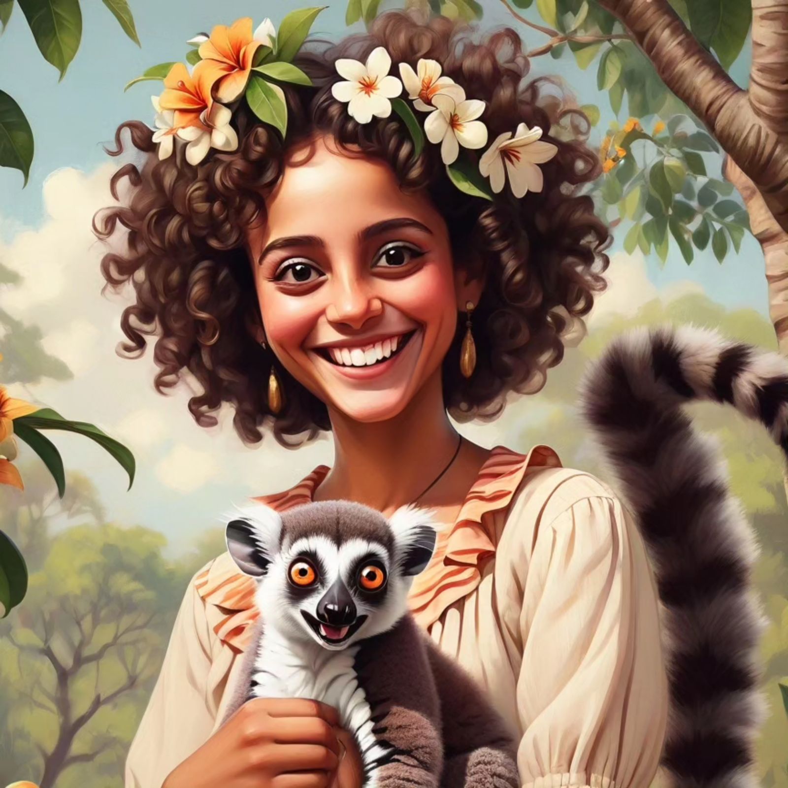 Lemur And Woman As Friends