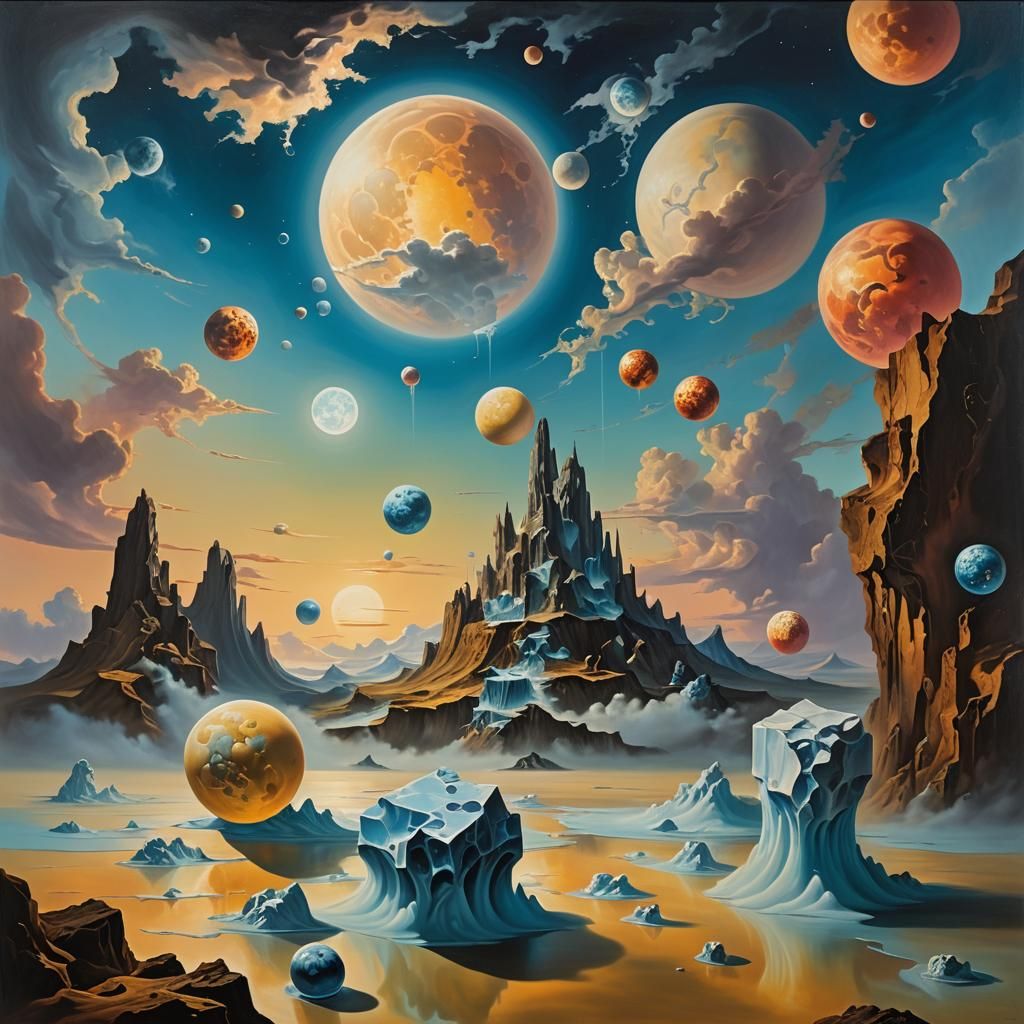A surreal environment with floating cubes and spheres,