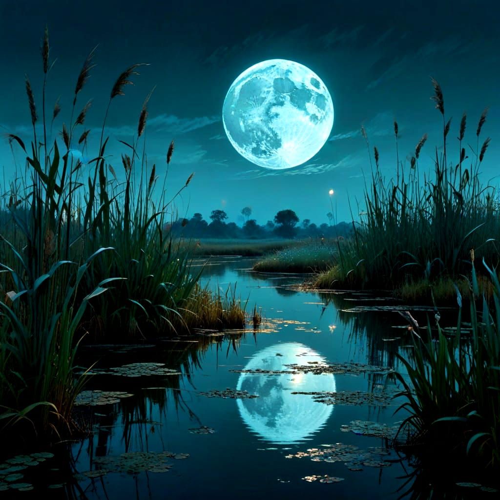 A serene Asiatic wetland scene dominated by towering high reeds that sway gently in the night breeze. ...  by @BC