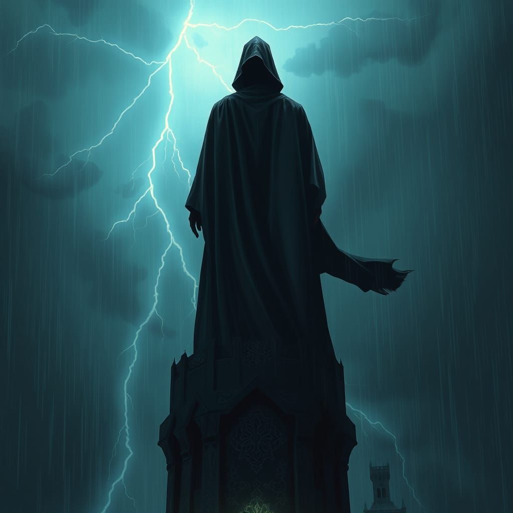 Mystical Figure in Stormy Night Dystopia