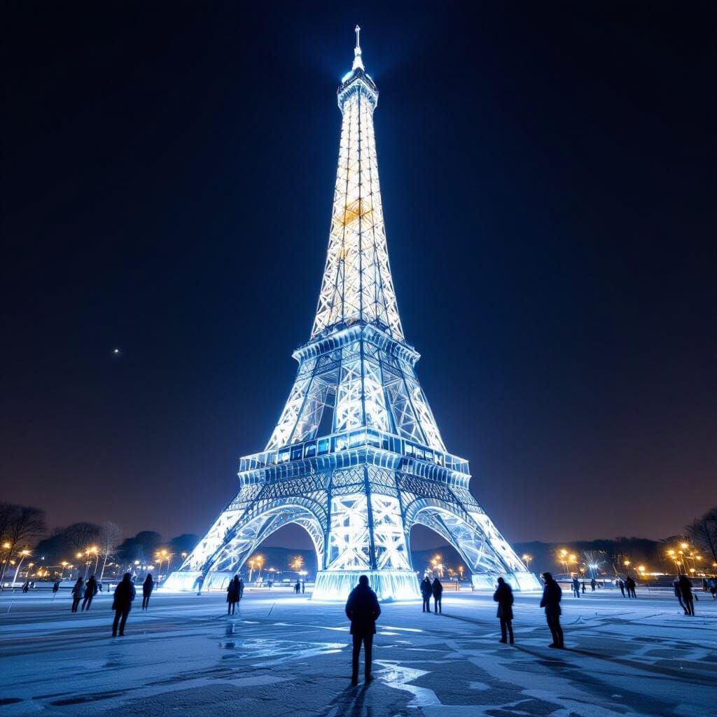 Eiffel Tower Made of Ice With Ice People
