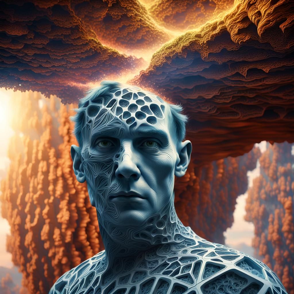 Cinematic fantasy landscape with a fractal vector human faced person creeping slowly through an asymmetrical  space. Hyp...