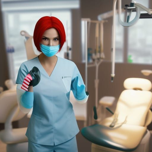 Female dentist with Red hair wearing gloves and a surgical m...