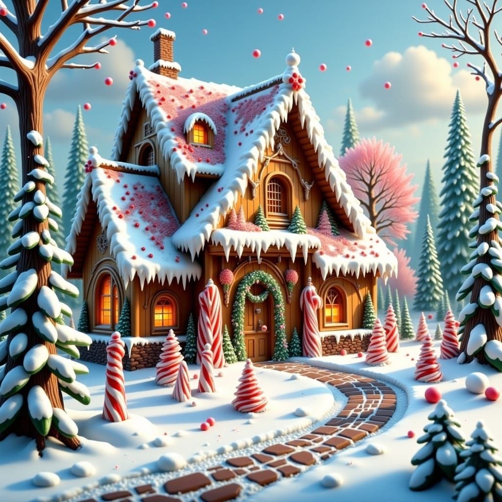 A fantastically detailed gingerbread house in a snowy winter wonderland, with candy cane trees and a gumdrop path. in the style of <lora:Flu...
