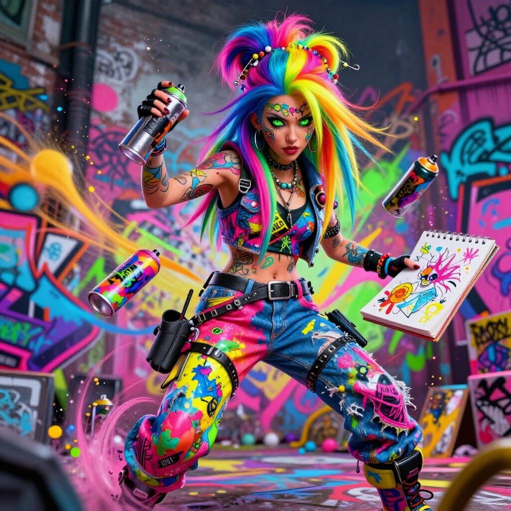 An ultra-realistic, full-body portrait of a mesmerizing graffiti artist woman, her pose both dynamic and expressive, rad...