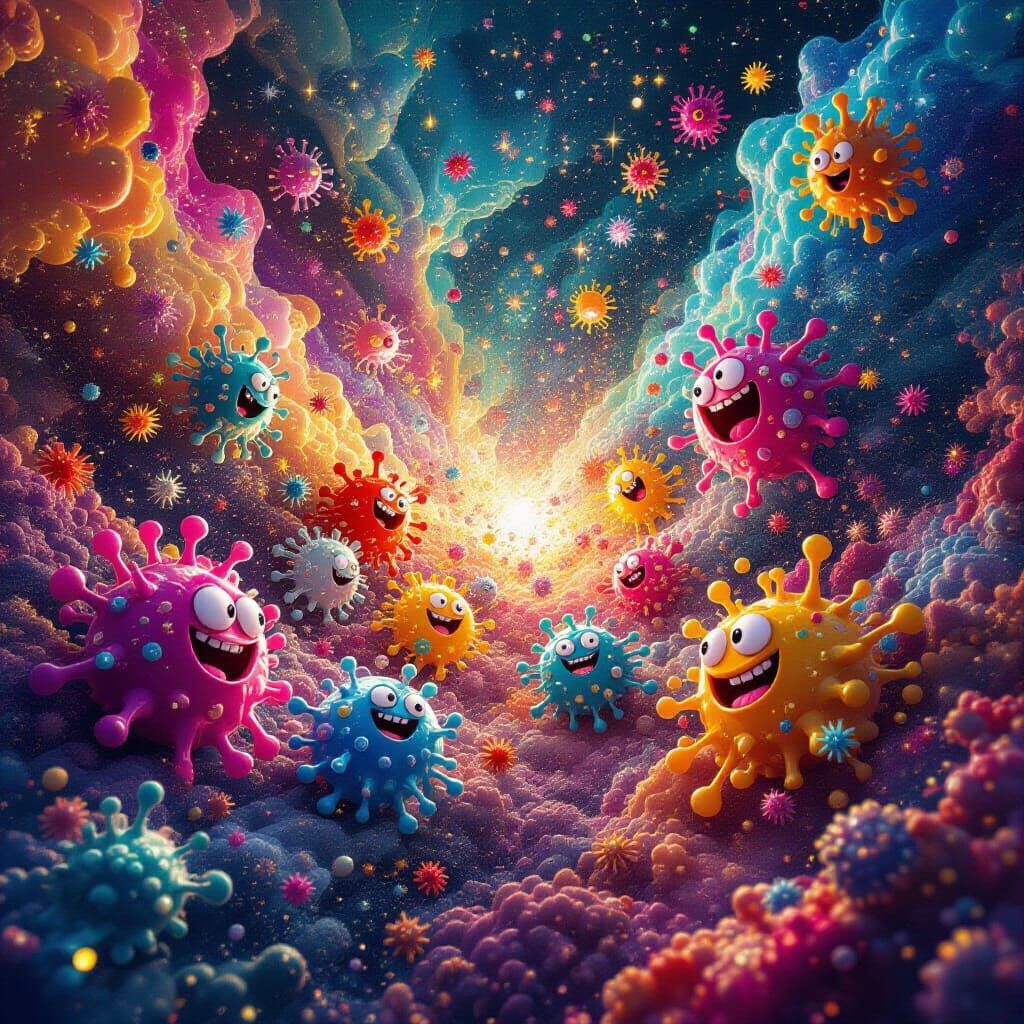 Abstract art. Wide shot. A chaotic explosion of colorful, amoeba-like microbes, each with a distinct, ...  by @StormTrooper-of-Death