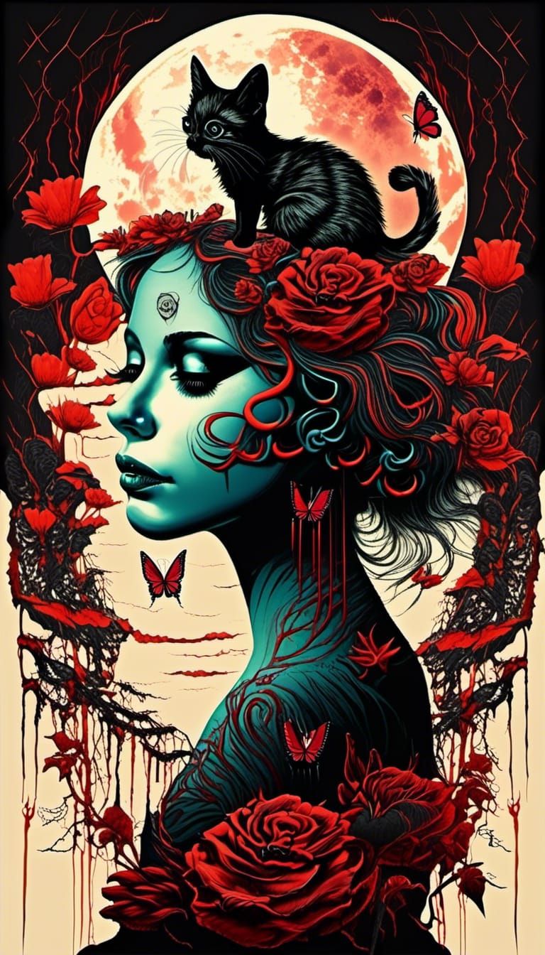 "no scars to your beautiful kitten" double exposure collage art illustration, silhouette art, scifi, hdr, vibrant, surrealism, hyperdetaile...