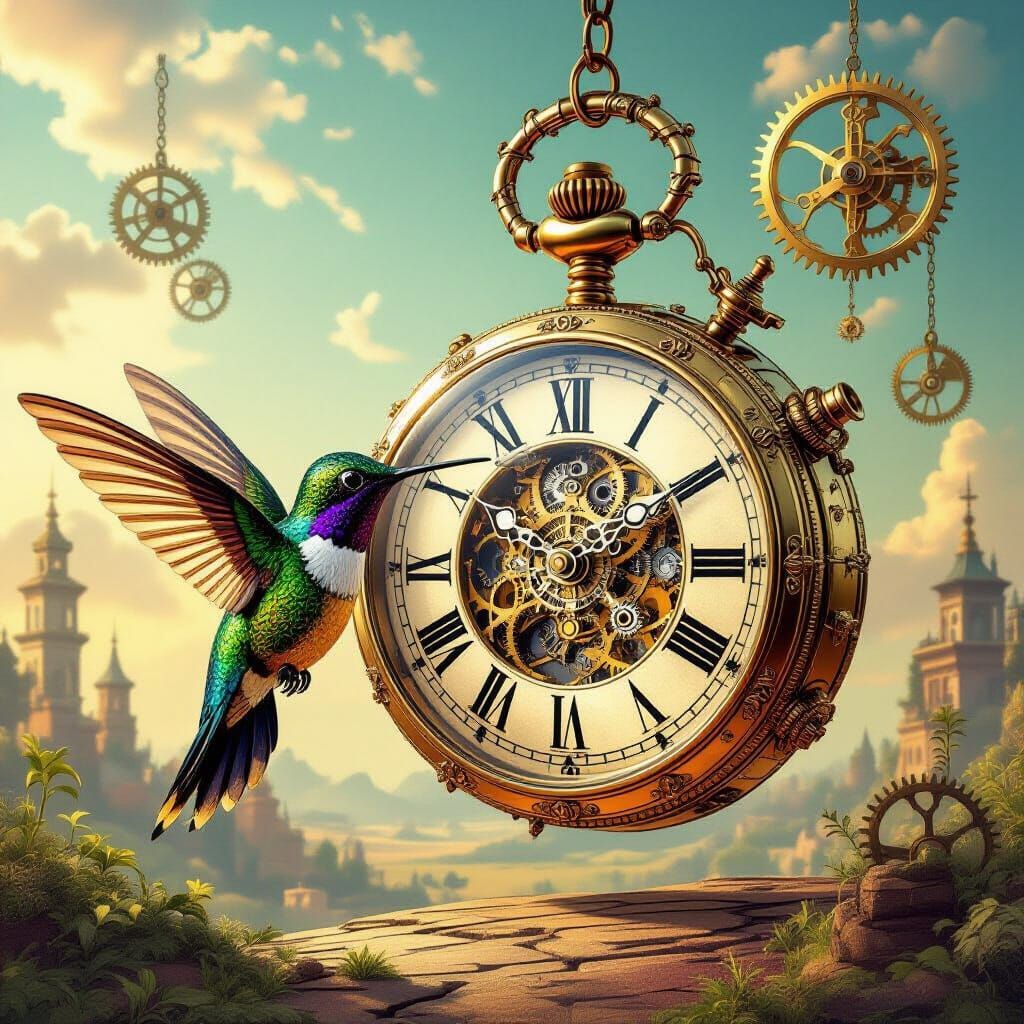 A whimsical, clockwork hummingbird, its body made of polished brass and intricate gears, hovers before a giant, ornate pocket watch that ser...