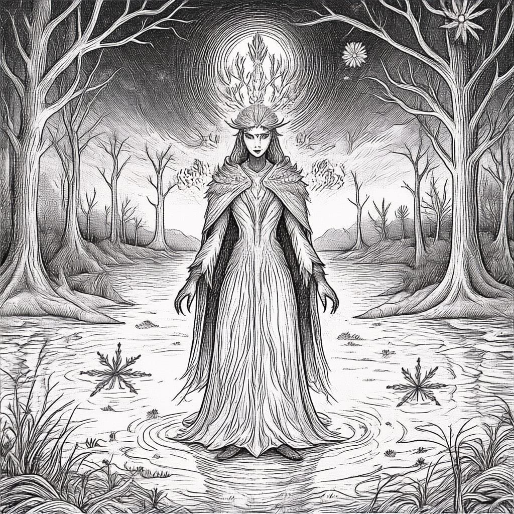 A Companhia da Floresta: Lyra and Granny Yaga sitting next to a bonfire. The shadows cast on the trees behind them are transformed into frie...