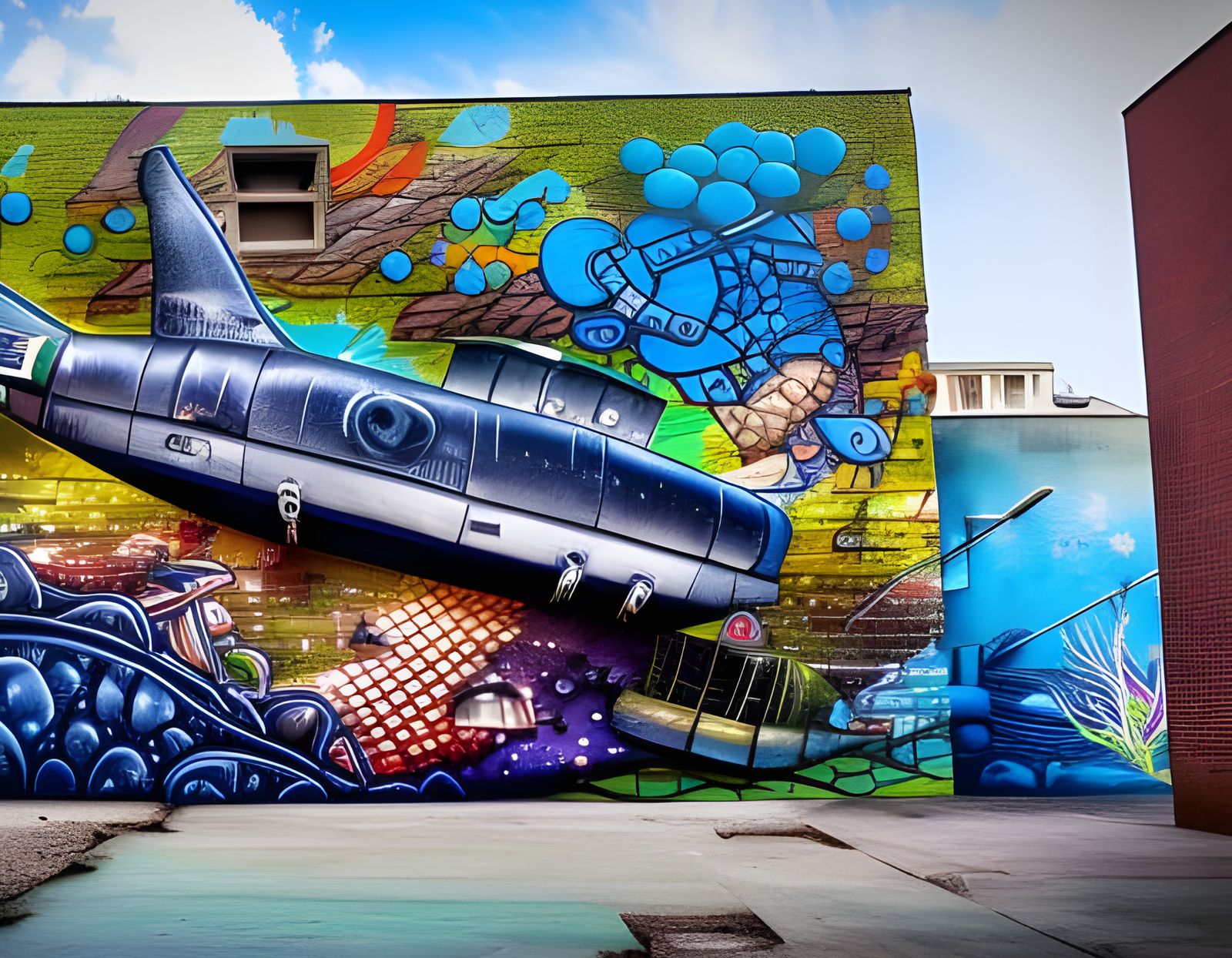 urban city street wall art of an underwater submarine garden :: photographic, 8K, intricate, detailed, ...  by @NewAgerJul