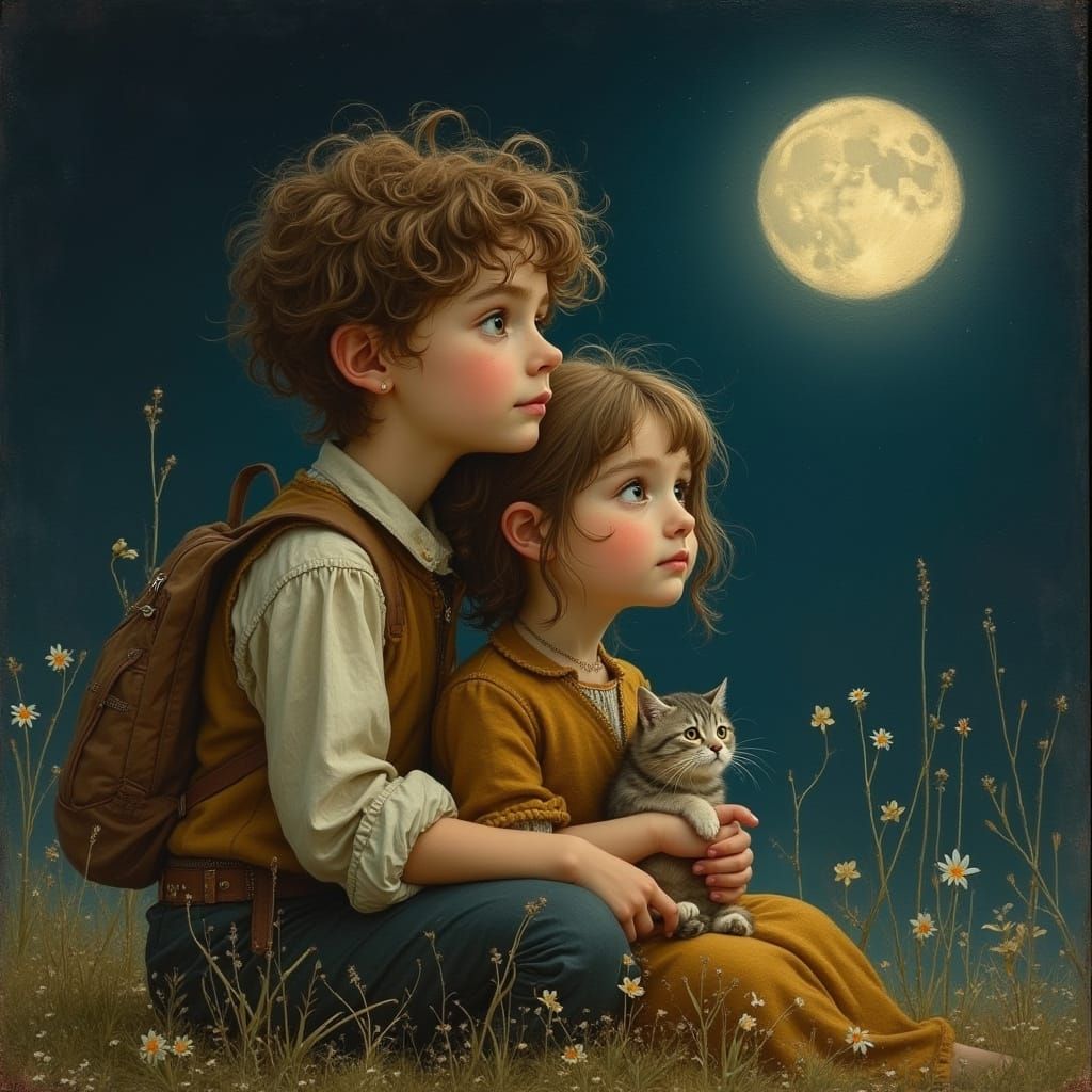 Romantic Scene with Brown-Haired Girl, Boy, and Calico Cat i...